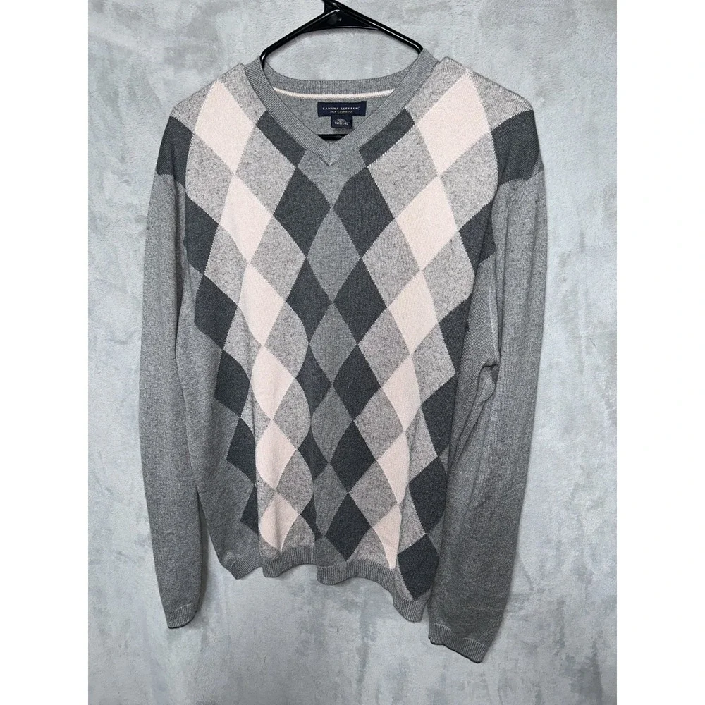 Banana Republic Silk Cotton Cashmere Sweater Mens Large Pink Argyle Preppy